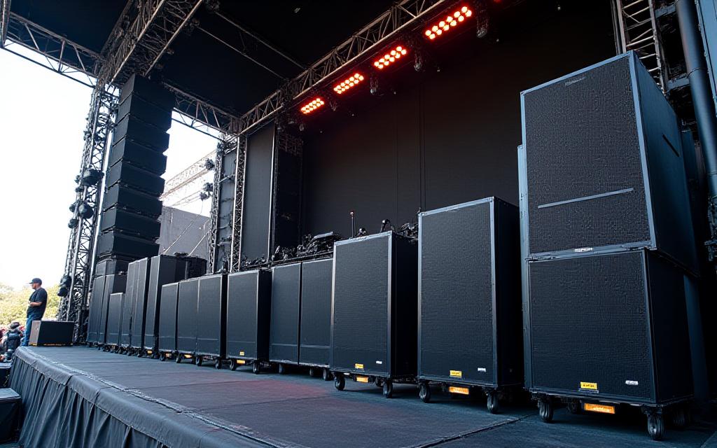 Professional sound system installation at electronic music festival with line array speakers and subwoofers