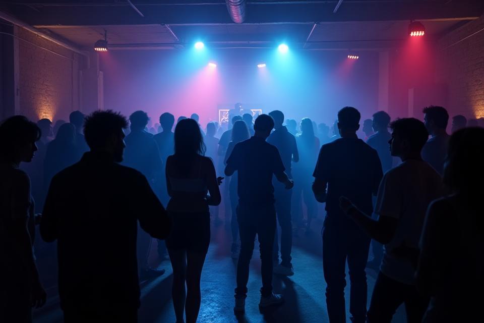 Intimate underground electronic music gathering in warehouse venue with community atmosphere and boutique production